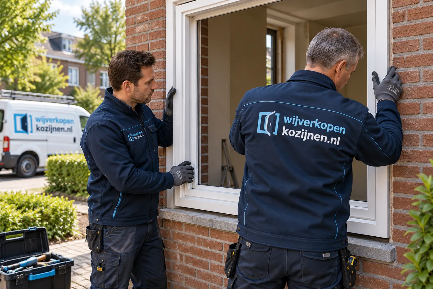 Twee monteurs plaatsen een kozijn in een bakstenen gevel.