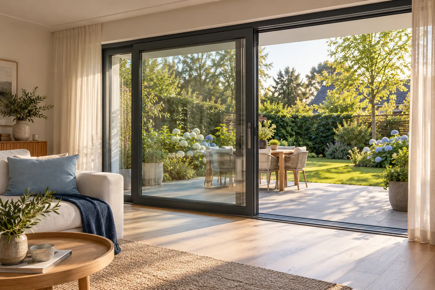 Woonkamer met een brede, geopende schuifpui naar de tuin.