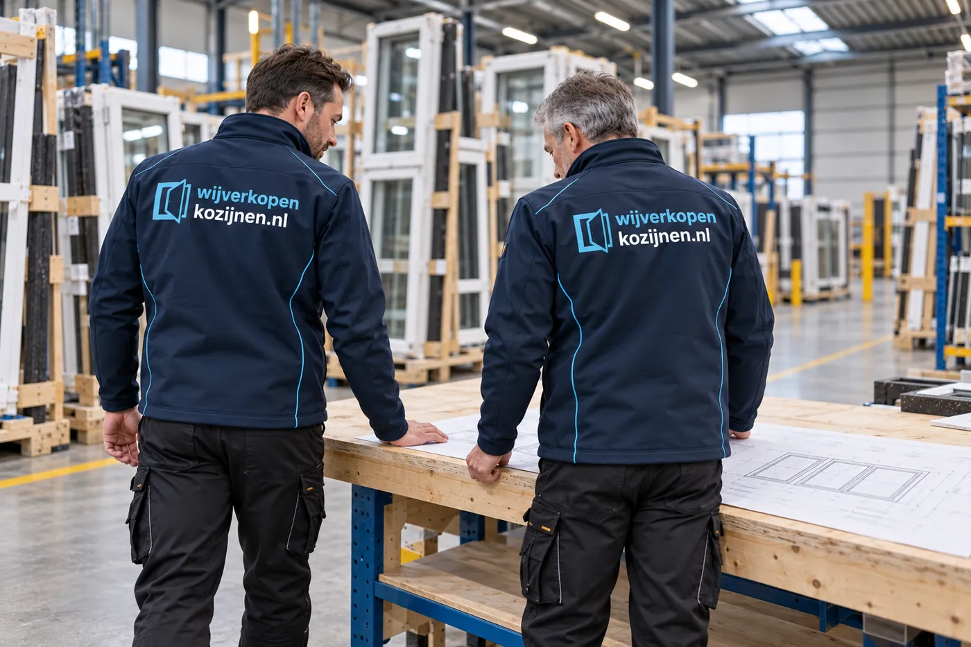 Twee vakmensen bekijken een tekening aan een werkbank in een kozijnenhal.